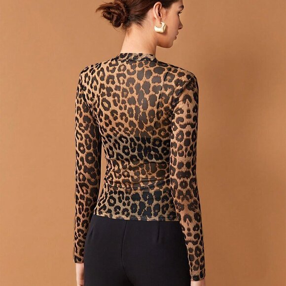 Brown Casual Women's Leopard Print Mesh Top - Picture 3 of 10